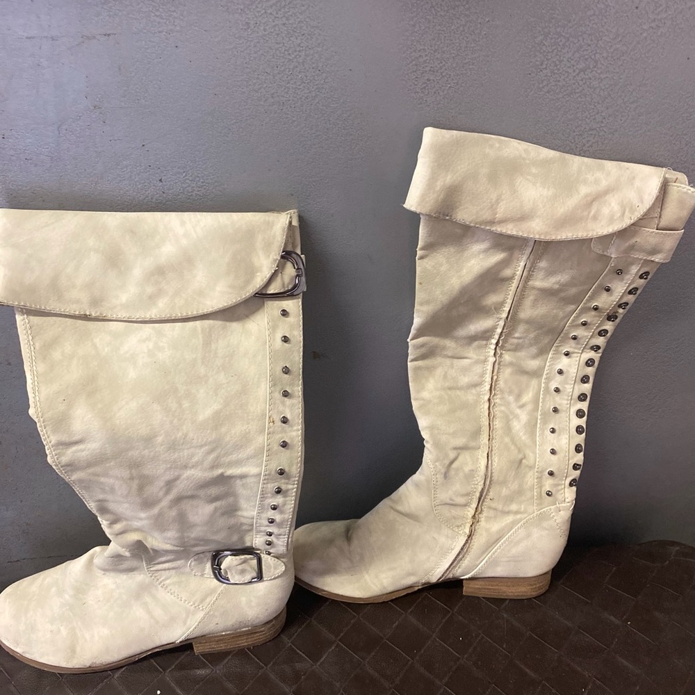 Not Rated Women's Over-the-Knee Studded Fold-Over Boots - Cream